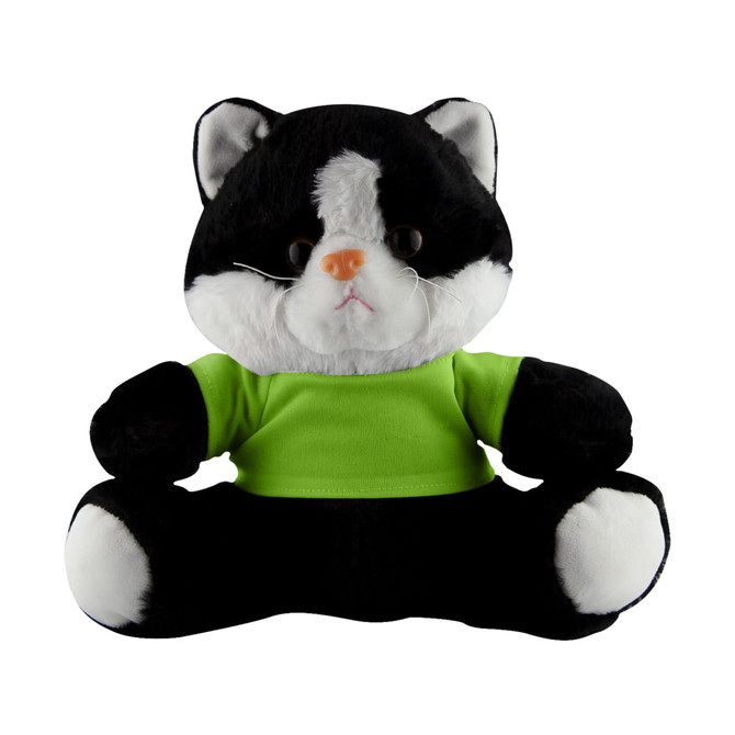 A black and white plush cat wearing a green shirt, sitting upright with big, round eyes. It has a logo on it.