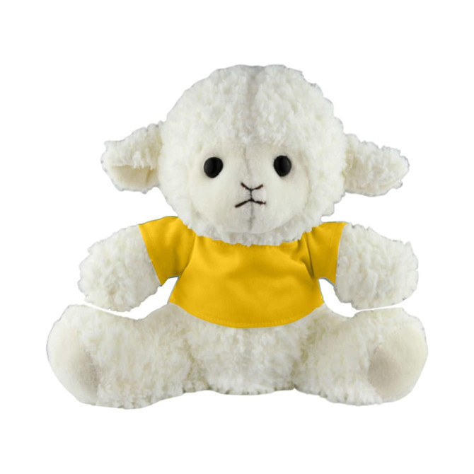 A plush sheep toy with a soft white body and a yellow shirt, featuring black eyes and a stitched face.