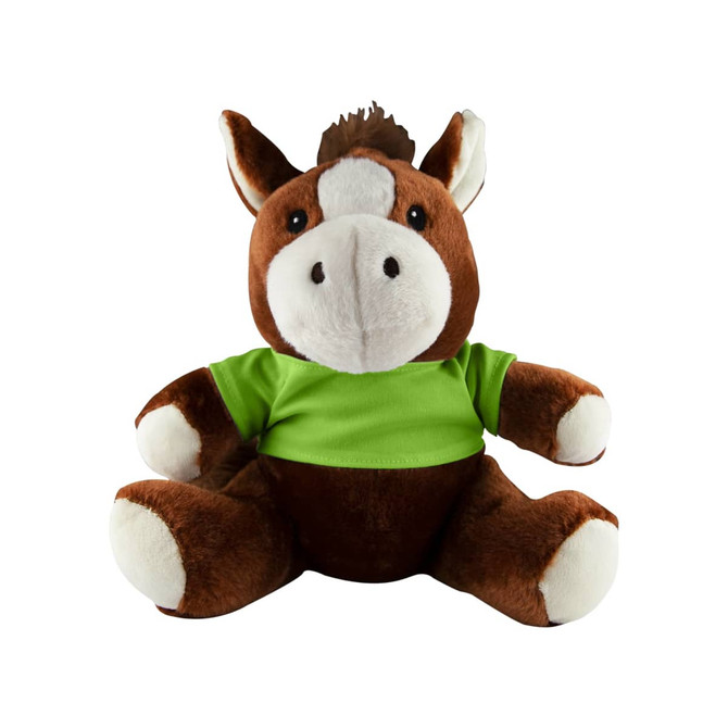 A brown and cream horse plush toy with a green T-shirt, featuring a friendly face and soft, rounded body.