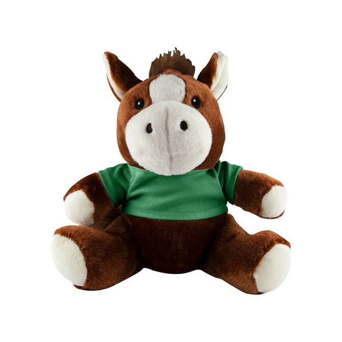 A brown and cream horse plush toy wearing a green shirt, sitting upright with a friendly expression.