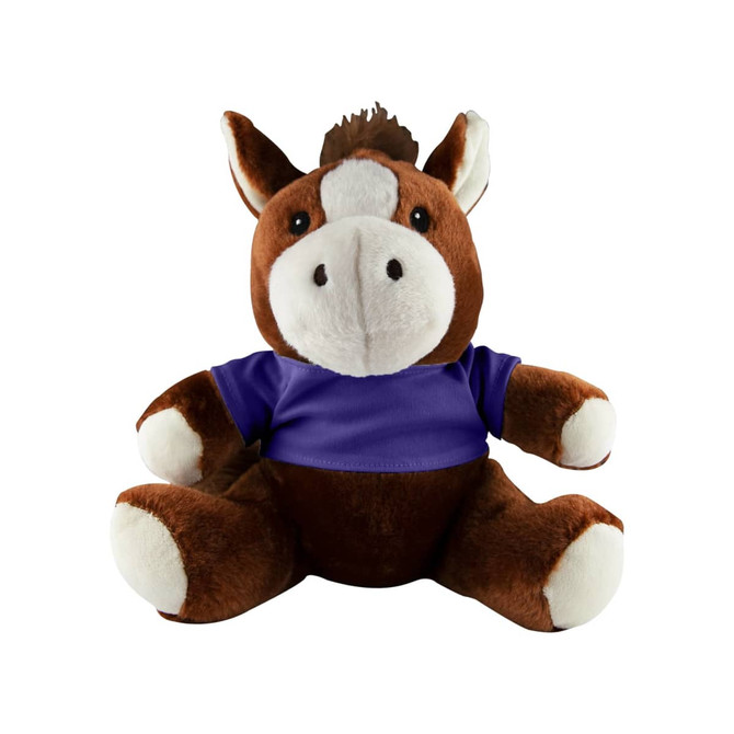 A brown horse plush toy with a white face and paws, wearing a purple shirt, sitting upright.