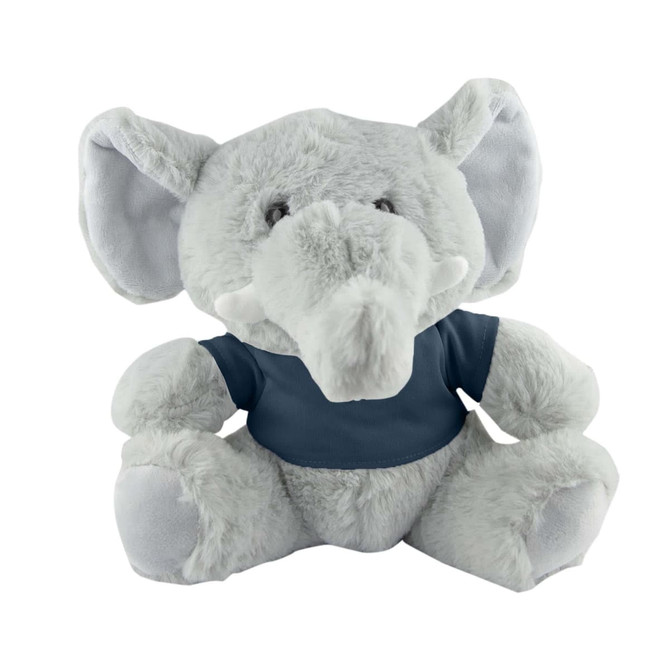 A grey elephant plush toy with a blue shirt, featuring large ears and a friendly expression.