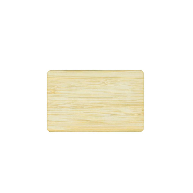 A bamboo business card in a light yellow-brown hue, featuring a smooth, polished surface and rounded edges.