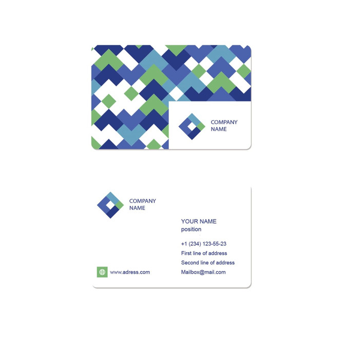 A NFC PVC business card featuring a geometric pattern of blue and green shapes, with a logo and contact details on both sides.