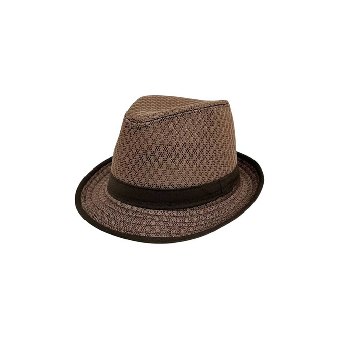 A breathable mesh top hat in brown, featuring a dark band around the base. It has a stylish, modern design.