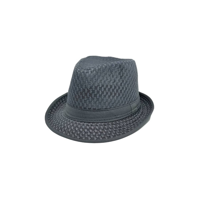 A grey mesh breathable top hat with a stylish brim and a smooth band. It features a logo on the side.