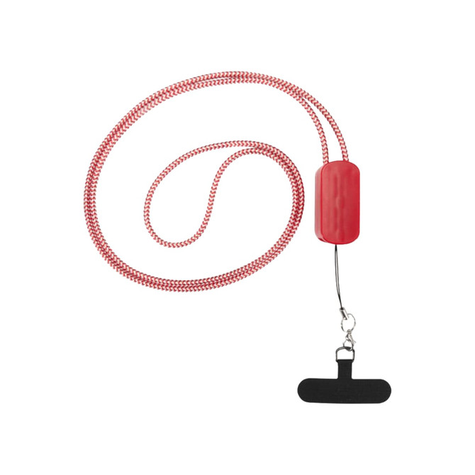 A red smartphone lanyard made from recycled plastic, featuring a braided strap and a built-in clip.
