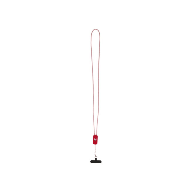 A red lanyard made from recycled plastic, featuring a built-in 27W 5-in-1 cable and a logo on the attachment.