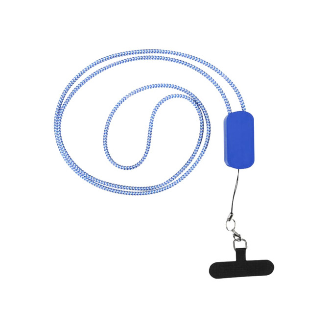 A blue smartphone lanyard with a braided cord and a black attachment clip. Includes a built-in cable.