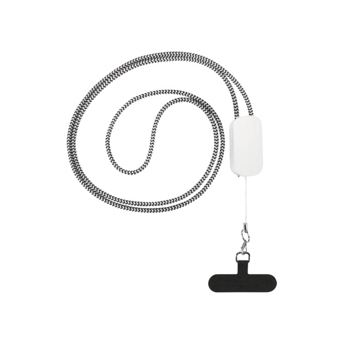 A recycled plastic smartphone lanyard in black and white, featuring a built-in cable and a clip attachment.