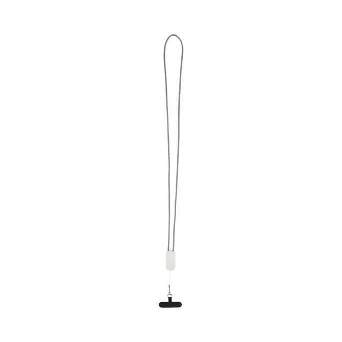 A grey smartphone lanyard with a built-in black connector and a white attachment section, featuring a logo.