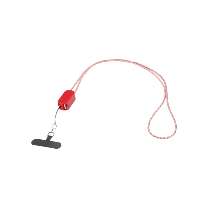 A red smartphone lanyard featuring a built-in 27W 5-in-1 cable, attached to a black clip. Includes a logo.