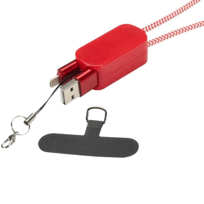 A red smartphone lanyard featuring a built-in 5-in-1 cable and a black attachment clip.