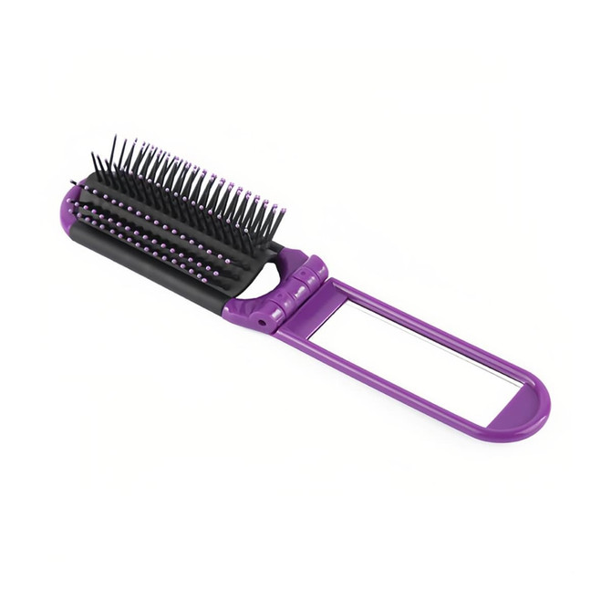 A folding hair brush with a mirror, featuring a purple and black design.