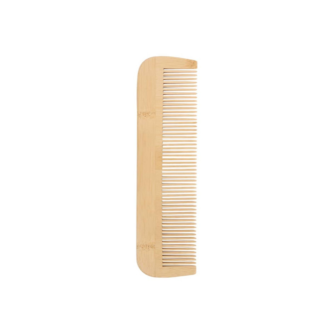 A fine-tooth bamboo comb in a light beige hue, featuring evenly spaced teeth and a smooth finish.