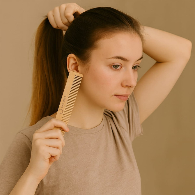 A bamboo fine-tooth comb held by a person with long, straight hair, set against a neutral background.