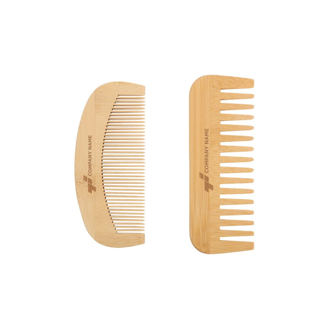 A bamboo small comb set featuring two combs in natural wood tones, each with a logo.