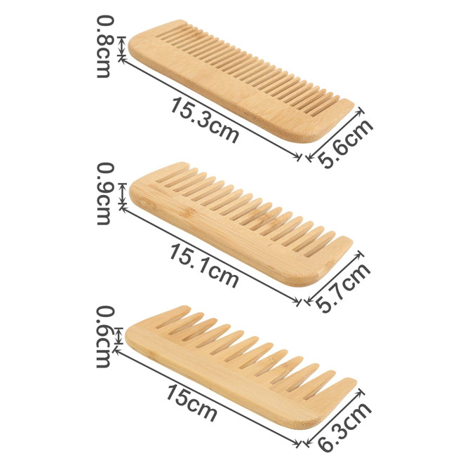 Three eco-friendly bamboo combs in varying sizes, showcasing natural wood texture and dimensions. Each comb has a smooth finish.