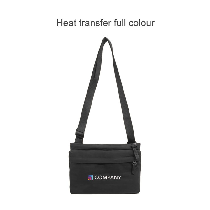 A lightweight black crossbody bag with a single adjustable strap and a logo on the front.