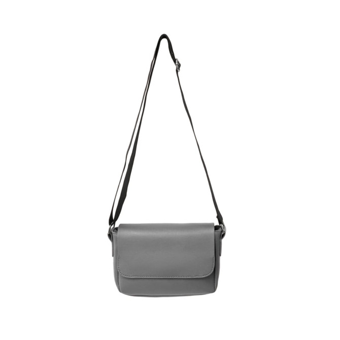A grey polyurethane shoulder bag with an adjustable strap and a flap closure, featuring a logo.