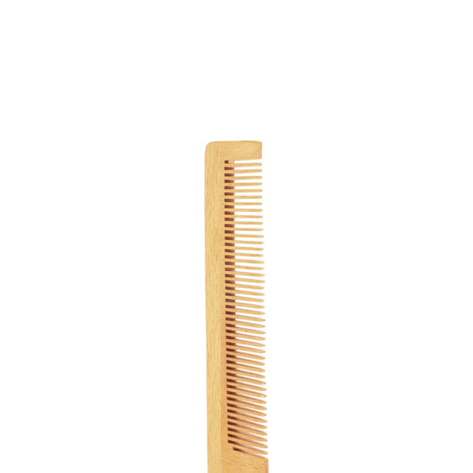 A short-handled beech wood comb with a natural wood finish and fine teeth. It features a simple design and a branding logo.