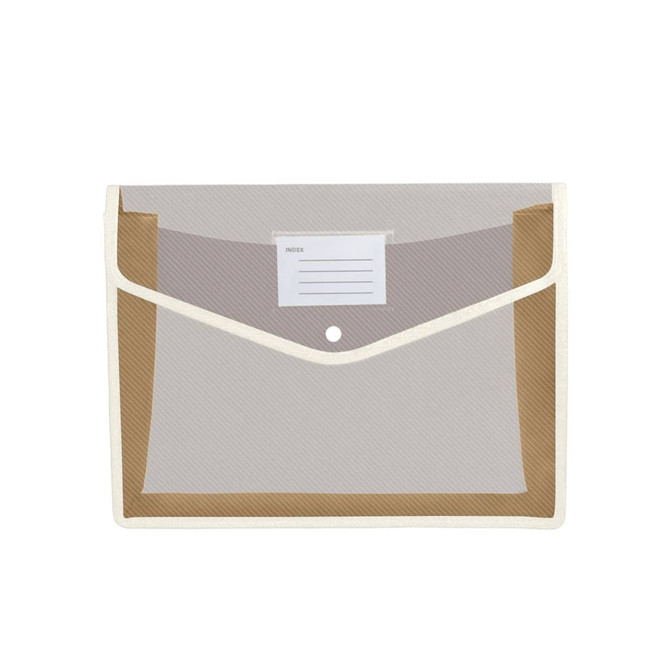 A transparent envelope expanding document folder with a cream border and a label for identification.