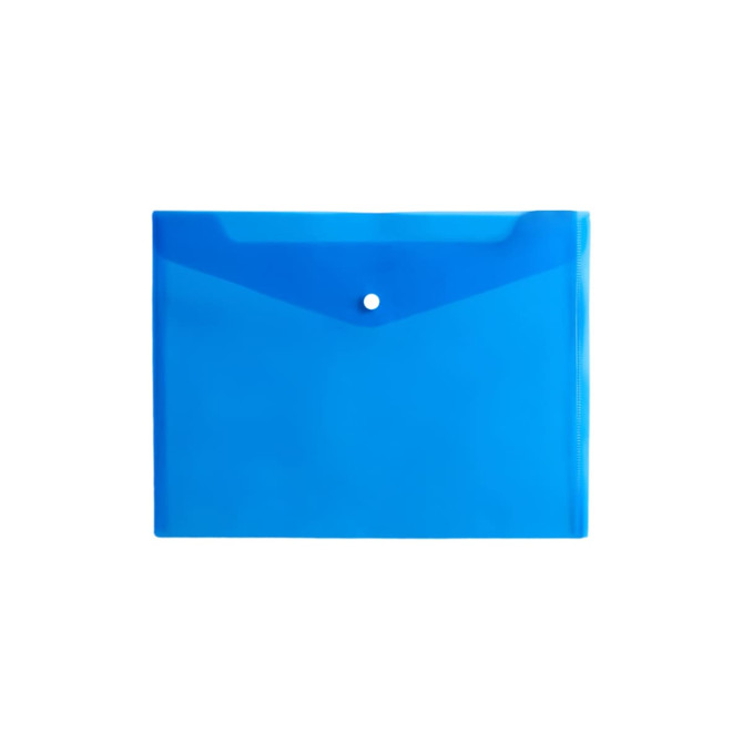 A4 clear file envelope in vibrant blue with a snap button closure and a subtle branding logo.