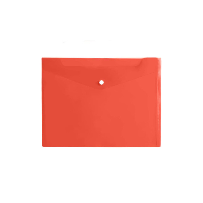 A4 clear file envelope in bright orange, featuring a button closure and a smooth, glossy finish.