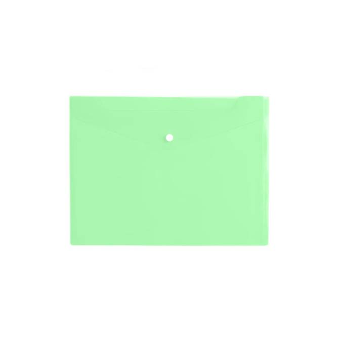 A4 clear file envelope in light green, featuring a button closure and an embossed logo.