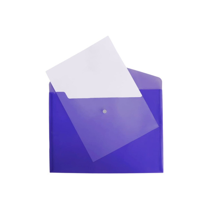 A4 clear file envelope in purple, containing a sheet of paper partially inserted, featuring a button closure.