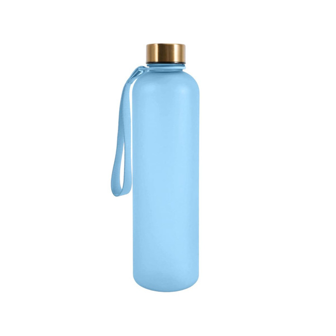 A drink bottle in light blue with a gold cap and a strap, designed for 900ML capacity and made from BPA-free material.