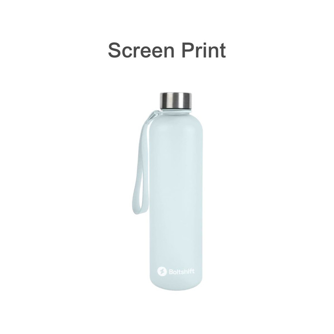 A drink bottle in light blue, featuring a stainless steel lid and a wrist strap, with a logo on the side.