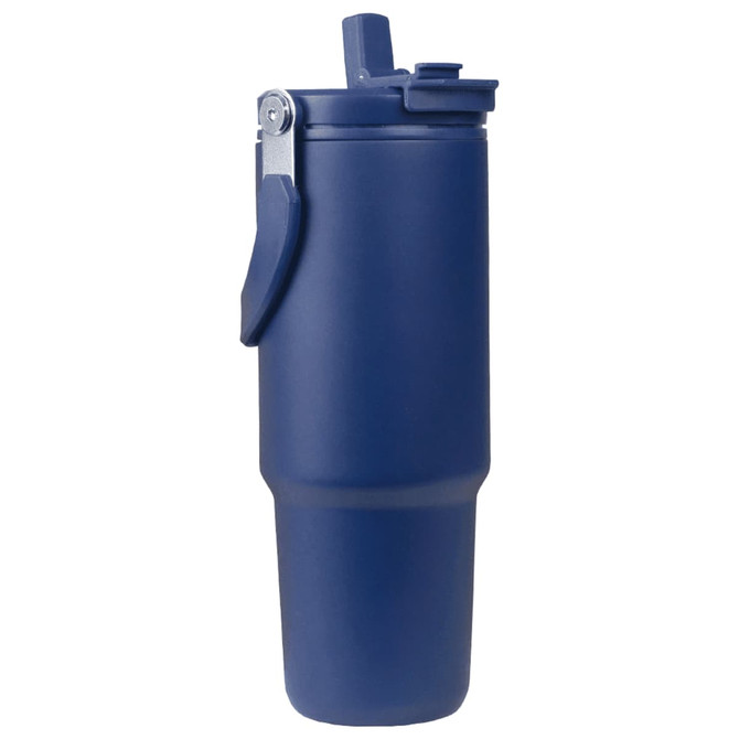 A drink bottle in navy blue with a flip-top lid and a sturdy handle. It features a logo on the side.