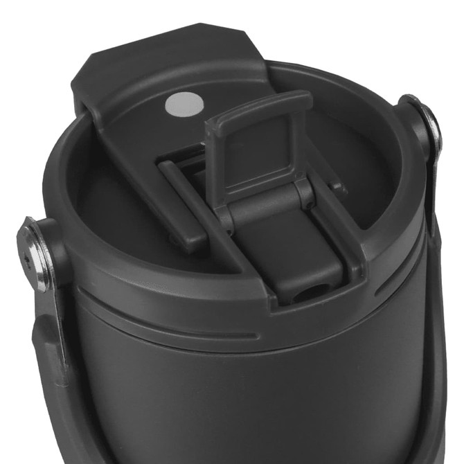 A drink bottle in black with a sleek design and a secure lid mechanism. It features a handle and a logo.