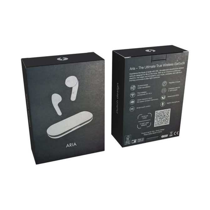 White wireless earbuds in a black box, featuring a logo and product information on the back.