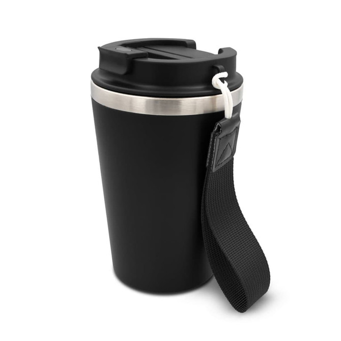 A drink bottle featuring a black recycled stainless steel body and a silver band, with a detachable strap and lid.