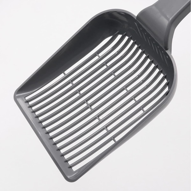 A large cat litter scoop in grey, featuring a wide, slotted scoop design for easy sifting.