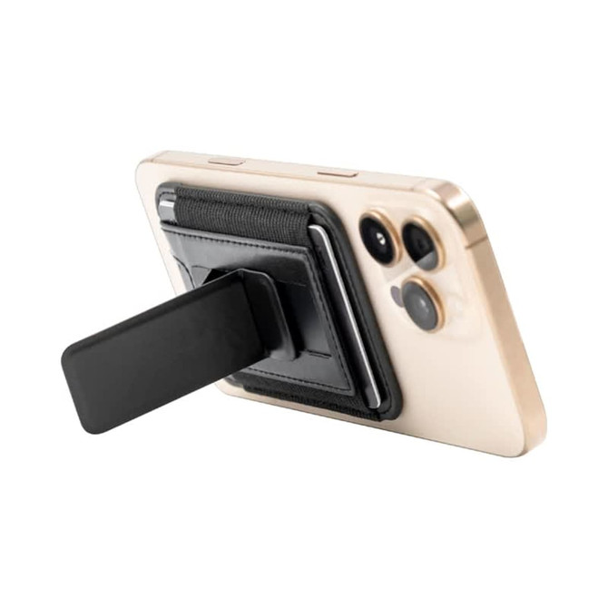 A phone with a black Wally Stand attached to its back, featuring a flat, extendable grip.
