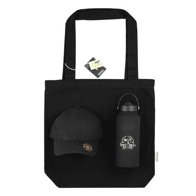 A black tote bag with a black cap and a black drink bottle, featuring a logo on the cap.