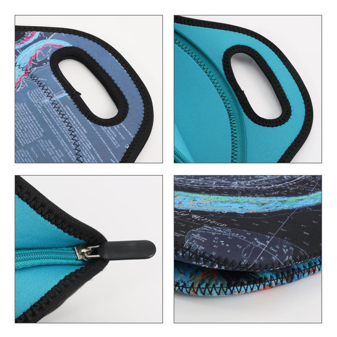 A soft neoprene lunch bag in shades of blue, featuring handles, a zip closure, and a patterned exterior with a logo.