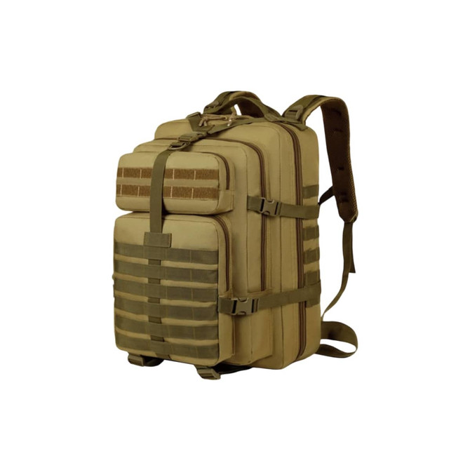 A tan tactical backpack featuring multiple compartments, adjustable straps, and a branding logo.