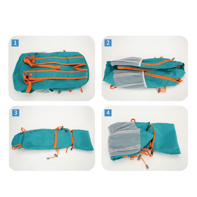 A packable hiking backpack in teal with orange accents, displayed in four stages of folding and packing.