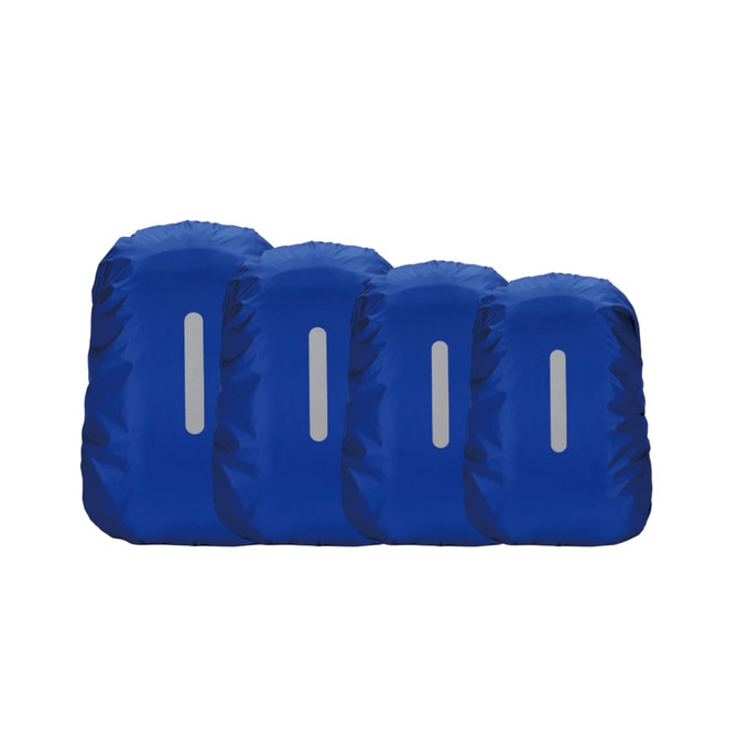 Four blue reflective backpack rain covers are stacked together, each featuring a grey reflective strip.