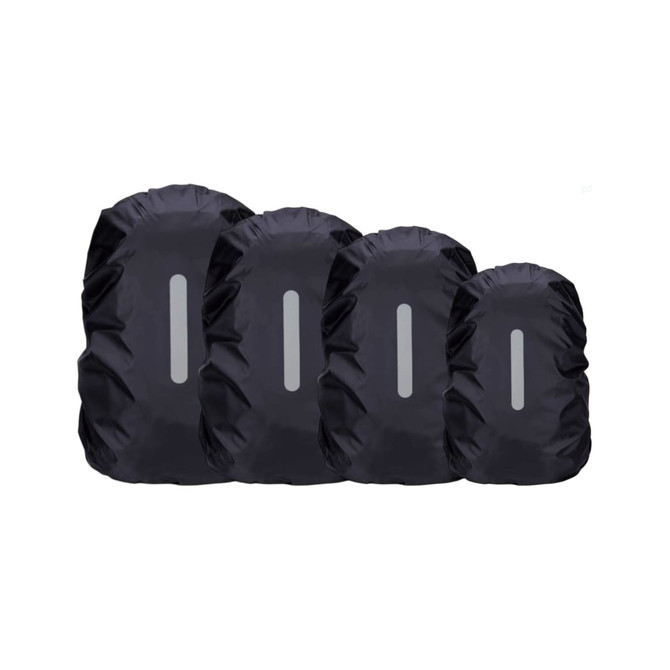 Four black reflective backpack rain covers in varying sizes, featuring a central reflective strip.