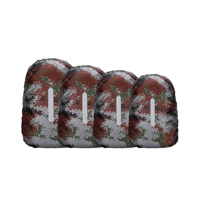 A set of four reflective backpack rain covers in a camouflage pattern featuring earthy tones of brown, green, and grey.