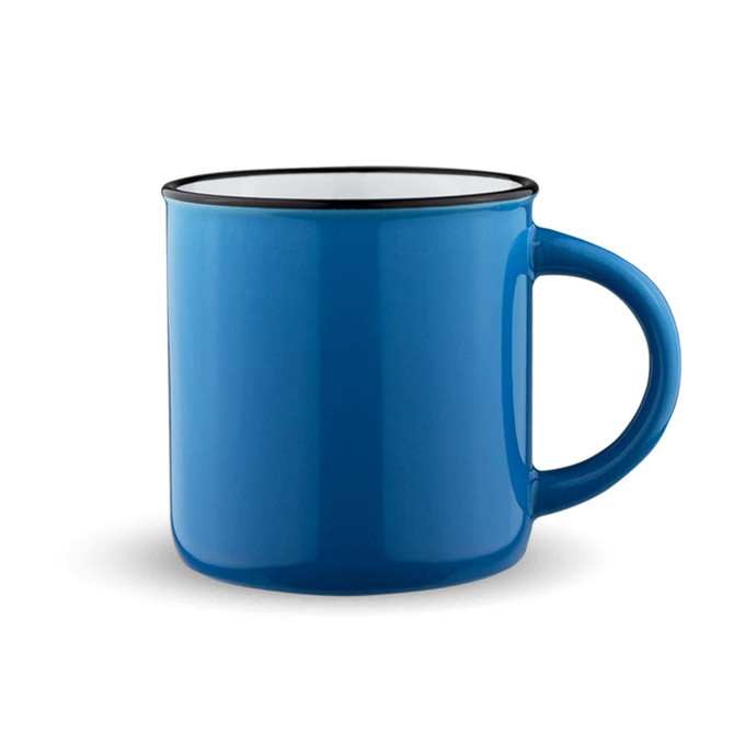 A blue mug with a black rim and a sturdy handle. It has a glossy finish and no visible branding.