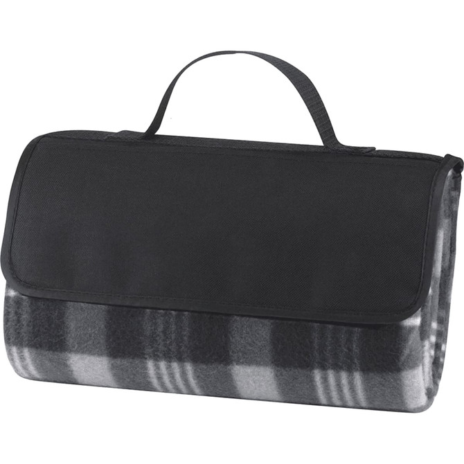 A black picnic blanket with a plaid design, featuring a carrying handle for easy transport.