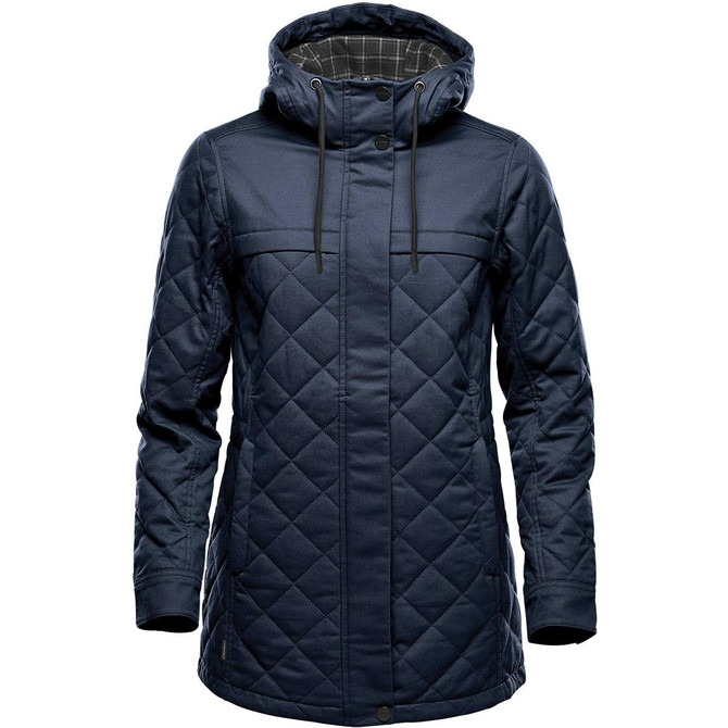 A navy women's quilted puffer jacket featuring a hood, front pockets, and a checkered lining. It has a logo.