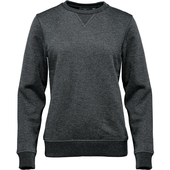 A grey women's pullover sweater with a crew neck and long sleeves, featuring a subtle texture.