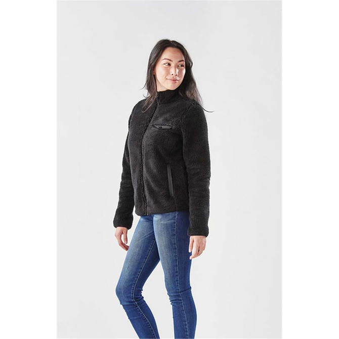 A black women's fleece jacket with a zip front, featuring a high collar and side pockets.